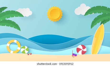 Summer time background. Blue sea and beach with stuff for summer. Paper cut and craft style illustration