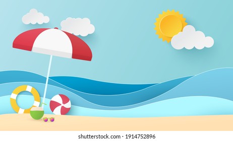 Summer time background. Blue sea and beach with stuff for summer. Paper cut and craft style illustration