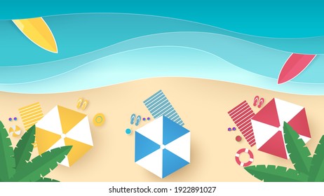 Summer time background. Blue sea and beach with stuff for summer. Paper cut and craft style illustration. Top view