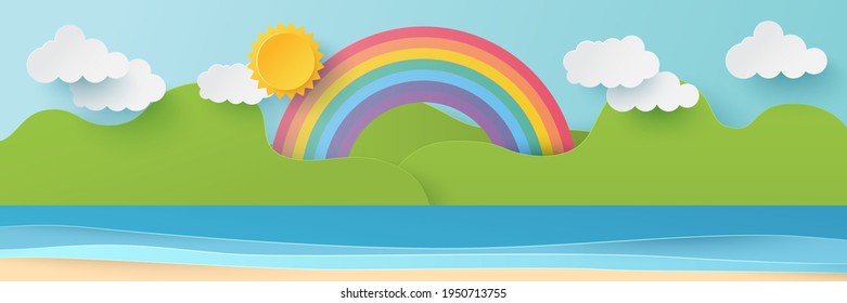 Summer time background. Blue sea and beach with rainbow in for summer background. Paper cut and craft style illustration