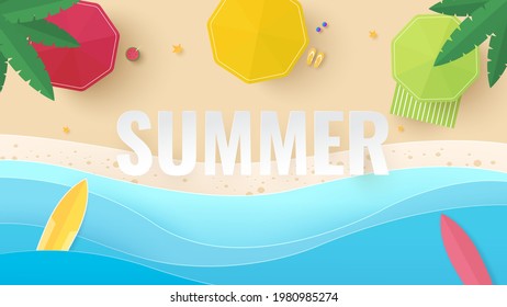 Summer time background. Blue sea and beach with stuff for summer. Paper cut and craft style illustration. Top view