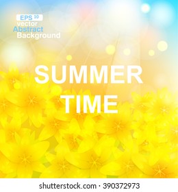 Summer time background with the blue sky and the making the way sun beams. The yellow bright flowers lit with the sun. Summer landscape.