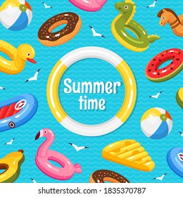Summer time background for cartoon poster, banner, ads. Swimming pool, river, sea, ocean, lake with floating mattress, boat, inflatable ring, ball, toy, seagulls. Vector illustration. Summer vacation.