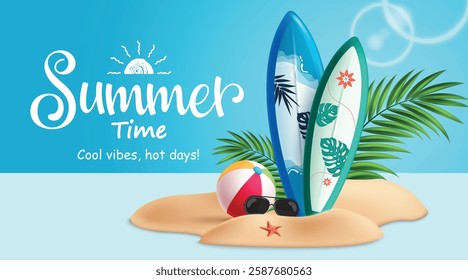 Summer time background clipart banner design. Summer time text clip art in island blue sky beach background with printed surfboard, beach ball and palm leaves elements for holiday vacation vector