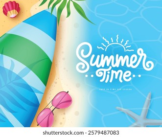 Summer time background clipart design. Summer time text in blue beach top view abstract background with printed surfboard elements vector illustration.
