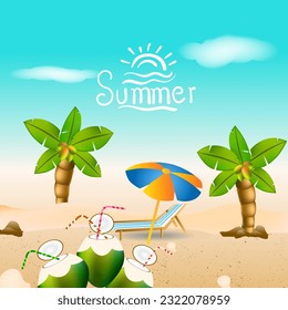 Summer time background with coconut and umbrella on the beach. Vector illustration.