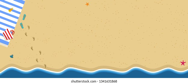 Summer Time Background with Copy Space. Top View of Exotic Empty Sandy Beach with Sea Stars, Seashells. Towel, Slippers, Bag. Sea Side with Waves. Traveling, Vacation Cartoon Flat Vector Illustration.