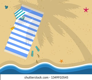 Summer Time Background with Copy Space. Top View of Sea Beach with Towel, Bag, Flip Flops and Footprints on Sand. Palm Tree Shadow on Seaside. Seashells. Coast Waves. Cartoon Flat Vector Illustration.