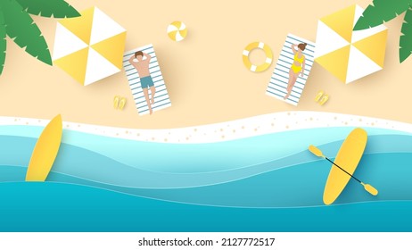 Summer time background. Couple young woman and man lying down sunbathe and beach with stuff for summer. Paper cut and craft style illustration. Top view