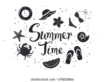 summer time background with decorative elements Silhouettes in black color: watermelon, seashells, crab, swimming floating ring, swimsuit, bikini, plumeria flower, woman beach hat, flip flops