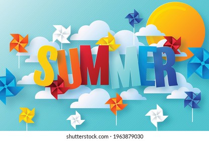 Summer time background design with colorful Paper windmill and elements paper cut with craft style on background color .