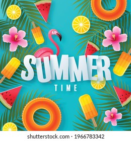 Summer time background design with ice Cream , watermelon fruit, lamon, flower, leaf and elements paper cut with craft style on background color .