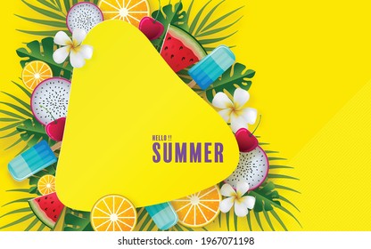 Summer time background design with ice Cream , watermelon fruit, lamon, flower, leaf and elements paper cut with craft style on background color .