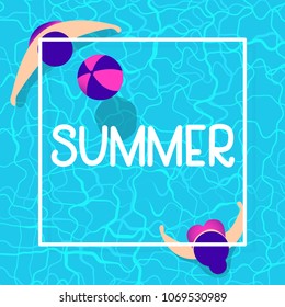 summer time background design with pool blue water and people playing ball. can be use for poster, background template. vector illustration