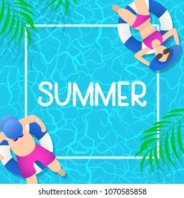 summer time background design with pool blue water and people playing ball. can be use for poster, background template. vector illustration
