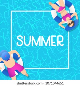 summer time background design with pool blue water and people playing ball. can be use for poster, background template. vector illustration