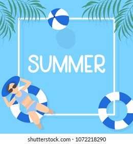 summer time background design with pool blue water and people playing ball. can be use for poster, background template. vector illustration