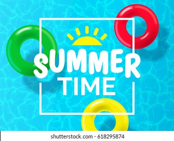 summer time background design with pool blue water and swimming rings
