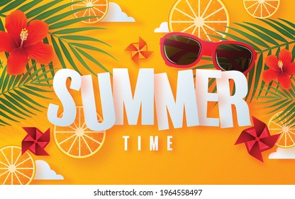 Summer time background design with sun, flower, leaf, colorful paper windmill and elements paper cut with craft style on background color .