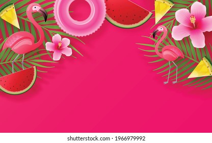 Summer time background design with sun, flower, leaf, flamingo, colorful paper windmill and elements paper cut with craft style on background color .
