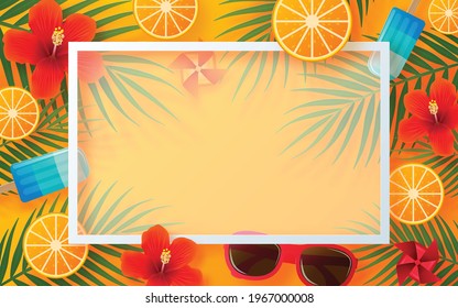 Diseño de fondo de verano con sol, flor, hoja, molino de papel colorido y elementos de papel cortado con estilo artesanal en color de fondo.