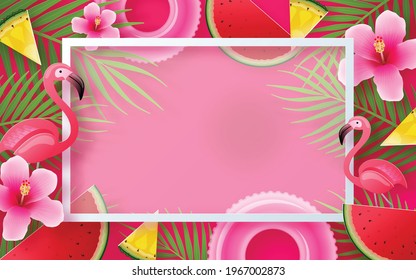 Summer time background design with sun, flower, leaf, flamingo, colorful paper windmill and elements paper cut with craft style on background color .