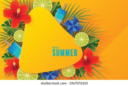 Summer time background design with sun, flower, leaf, colorful paper windmill and elements paper cut with craft style on background color .