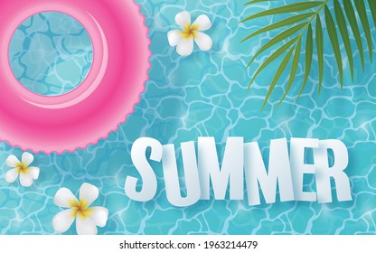 Summer time background design with swimming pool blue water and swimming rings, colorful tropical flowers heliconia rostrata, leaves,and elements paper cut with craft style on background color .