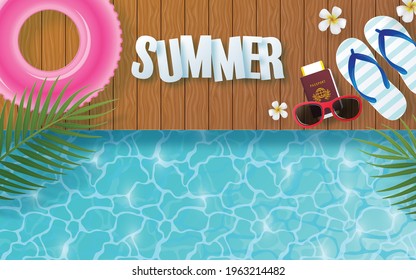 Summer time background design with swimming pool blue water and swimming rings, colorful tropical flowers heliconia rostrata, leaves,and elements paper cut with craft style on background color .