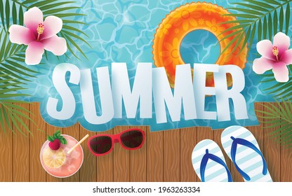 Summer time background design with swimming pool blue water and swimming rings, colorful tropical flowers heliconia rostrata, leaves,and elements paper cut with craft style on background color .