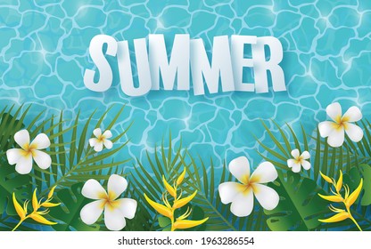 Summer time background design with swimming pool blue water and swimming rings, colorful tropical flowers heliconia rostrata, leaves,and elements paper cut with craft style on background color .