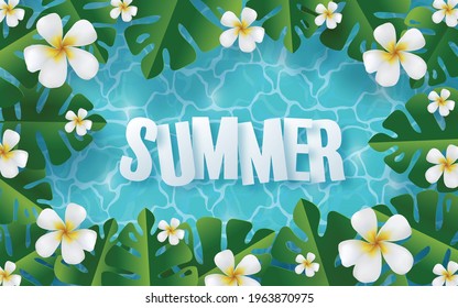 Summer time background design with swimming pool blue water and swimming rings, colorful Plumeria flowers heliconia rostrata, leaves,and elements paper cut with craft style on background color .
