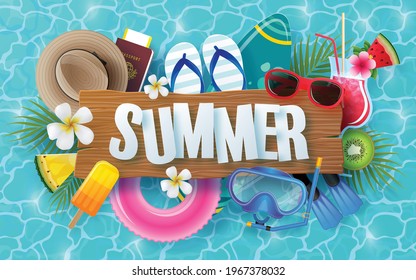 Summer time background design with swimming pool blue water and swimming rings, colorful tropical flowers heliconia rostrata, leaves,and elements paper cut with craft style on background color .