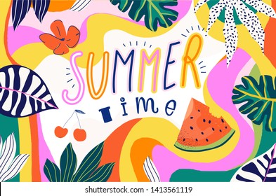 SUMMER TIME background design. Trendy artistic texture. Fashionable lettering. Modern colorful template.