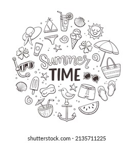 Summer Time background. Doodle style. Cute hand drawn summer icons. Isolated objects on white background.