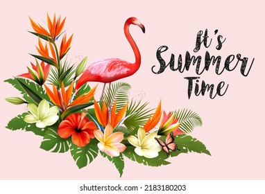 It's Summer Time Background With Exotic Leaves And Coloful Flowers and Flamingo. Vector.