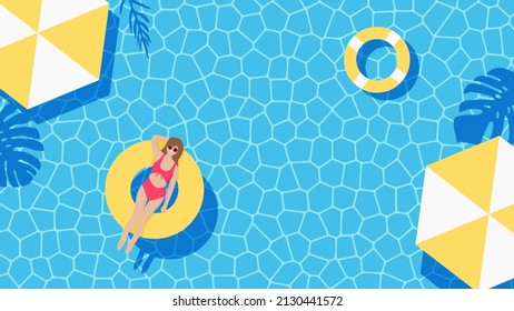 Summer time background. Girl lying down sunbathe on inflatable mattress in pool. Top view