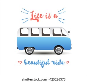 Summer time background with hippie van in retro style