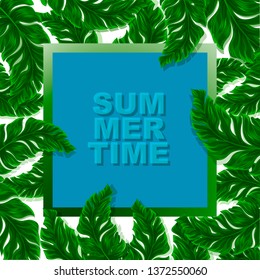Summer time background, summer mood. Text with frame on the background of tropical leaves. Fashionable vector illustration
