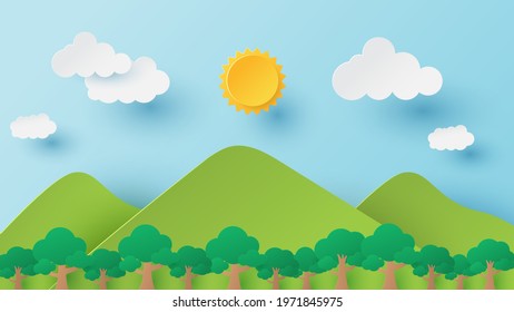 Summer time background. Nature landscape. Paper cut and craft style illustration