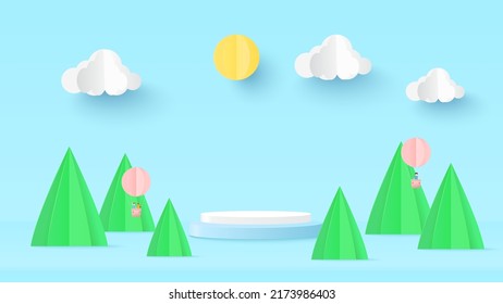 Summer time background. Nature landscape with podium platform to show product. Beautiful mountains and sea on nature background. Balloon with couple joyful on flying over clouds. Vector illustration