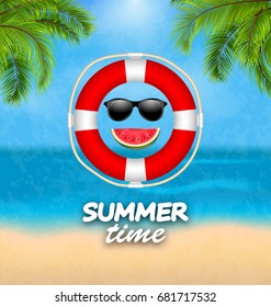 Summer Time Background with Palm Leaves, Lifebuoy and Beach. Template of Poster for Summer Holidays - Illustration Vector