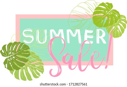 fondo de verano con hojas de monstera de palma, cartel de venta en vector,Eps 10