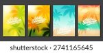 Summer time background with palm trees, Beach umbrella with chairs on the sand. summer sky Bokeh light of sky and sea.Tropical leaves .Summer greeting clipart poster set with tropical palm leaves.