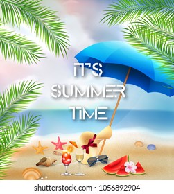 It's summer time background with palm trees and beach elements