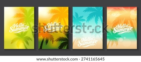 Summer time background with palm trees, Beach umbrella with chairs on the sand. summer sky Bokeh light of sky and sea.Tropical leaves .Summer greeting clipart poster set with tropical palm leaves.