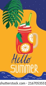 Summer time, background patterns on the theme of summer, vacation, weekend, beach. Design with cocktail for posters, cover art, sale, flyer, banner, story template. Flat vector illustration. 