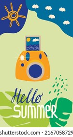 Summer time, background patterns on the theme of shopping, vacation, weekend, beach. Design with photo camera for posters, cover art, sale, flyer, banner, story template. Flat vector illustration. 
