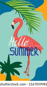 Summer time, background patterns on the theme of shopping, vacation, weekend, beach. Design with pink flamingo for posters, cover art, sale, flyer, banner, story template. Flat vector illustration. 