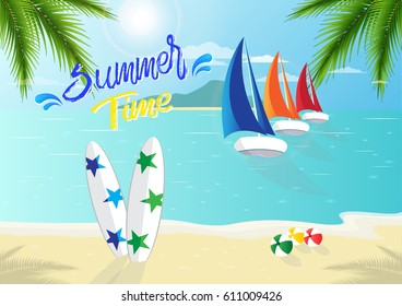 Summer time background is perfect for relaxing trips. Sun beautiful, sailboat in the sea and surfboard on the beach, beach soccer, have the area where the text can be added. Summer illustration